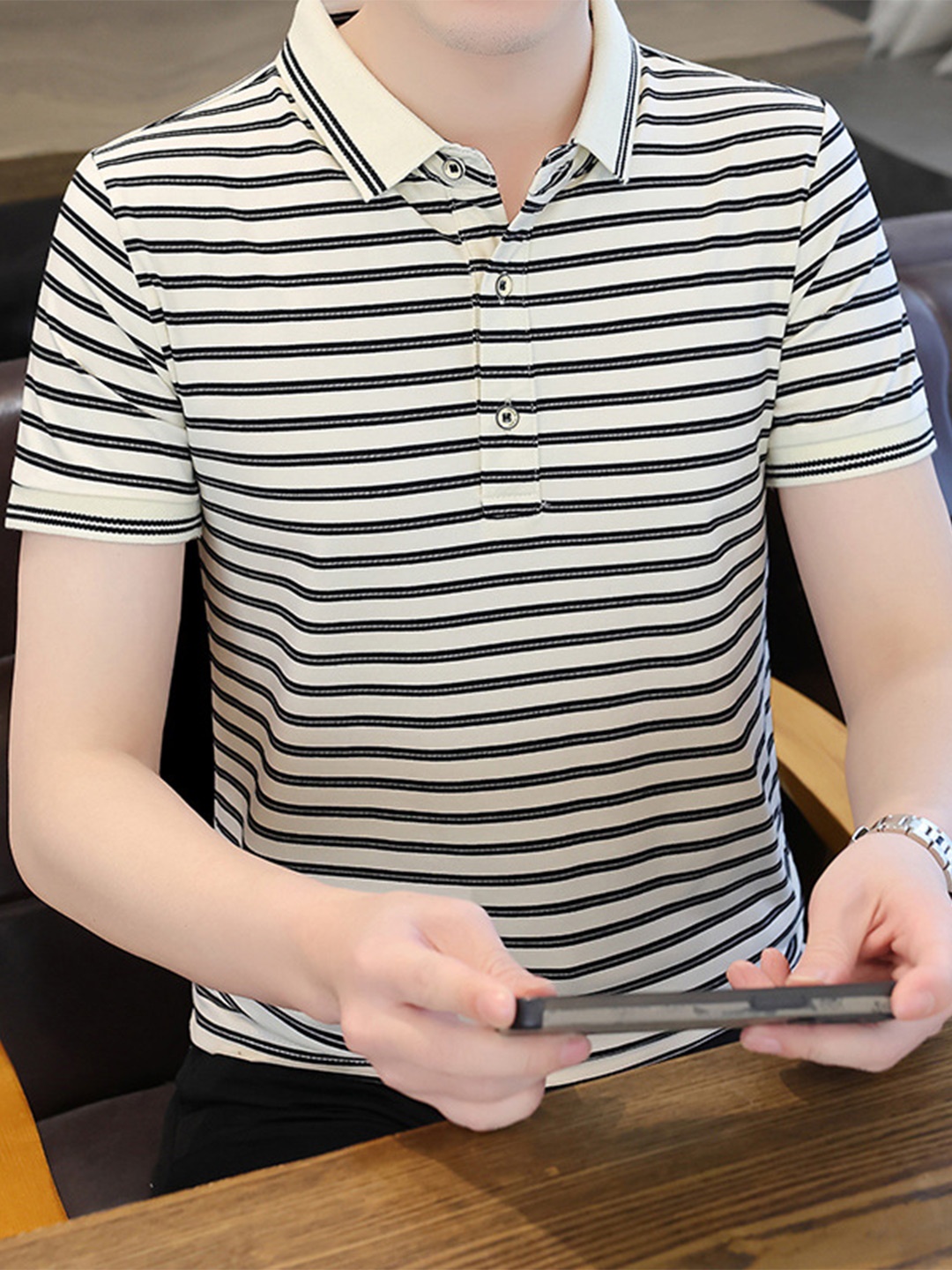 

StyleCast x Revolte Men Striped Polo Collar Cotton Regular Fit T-shirt, White