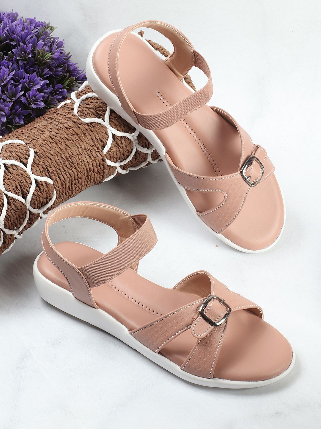 

X XIOTA Women Open Toe Flats with Buckle, Beige