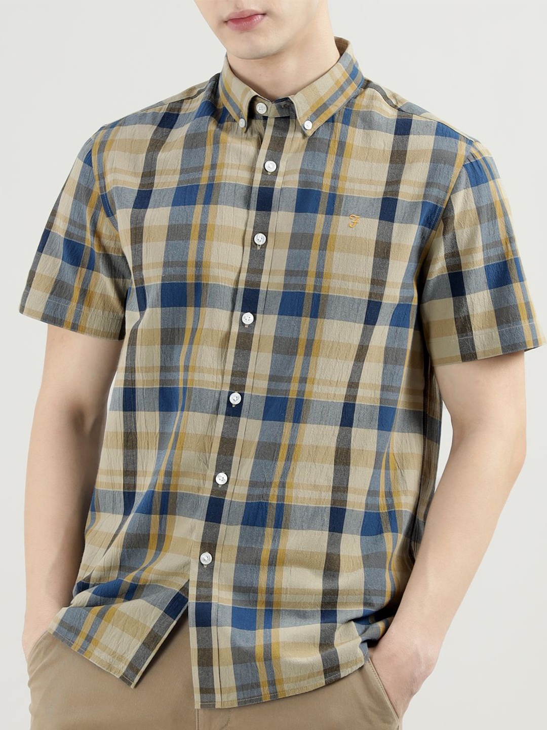 

Farah Men Button-Down Collar Tartan Checked Cotton Casual Shirt, Beige