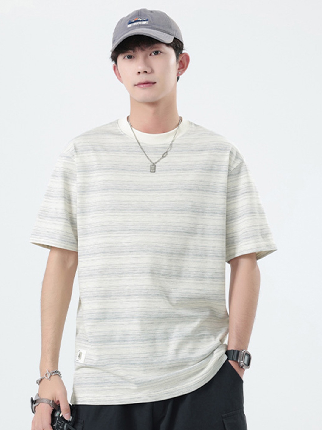 

StyleCast x Revolte Men Striped Round Neck Cotton Relaxed Fit T-shirt, Grey