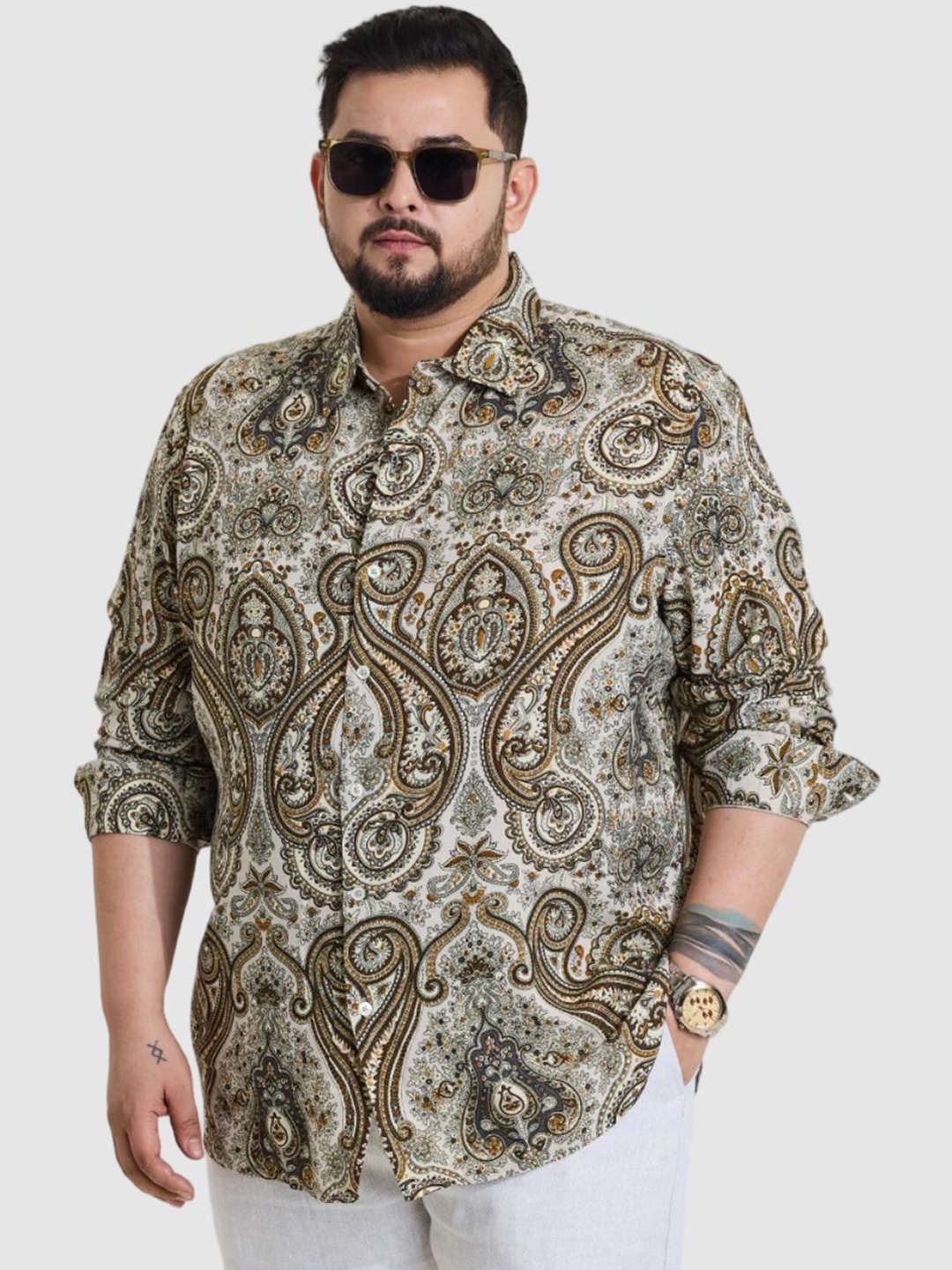 

Snitch Men Plus Size Classic Regular Fit Spread Collar Ethnic Motifs Printed Casual Shirt, Off white