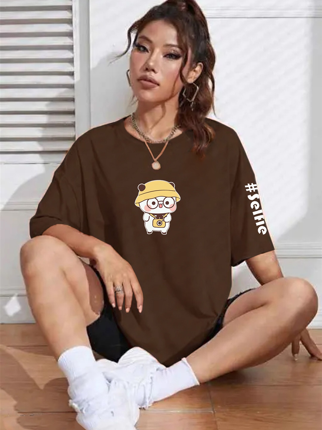 

TOGS & TERRE Women Typography Printed Organic Cotton T-shirt, Brown