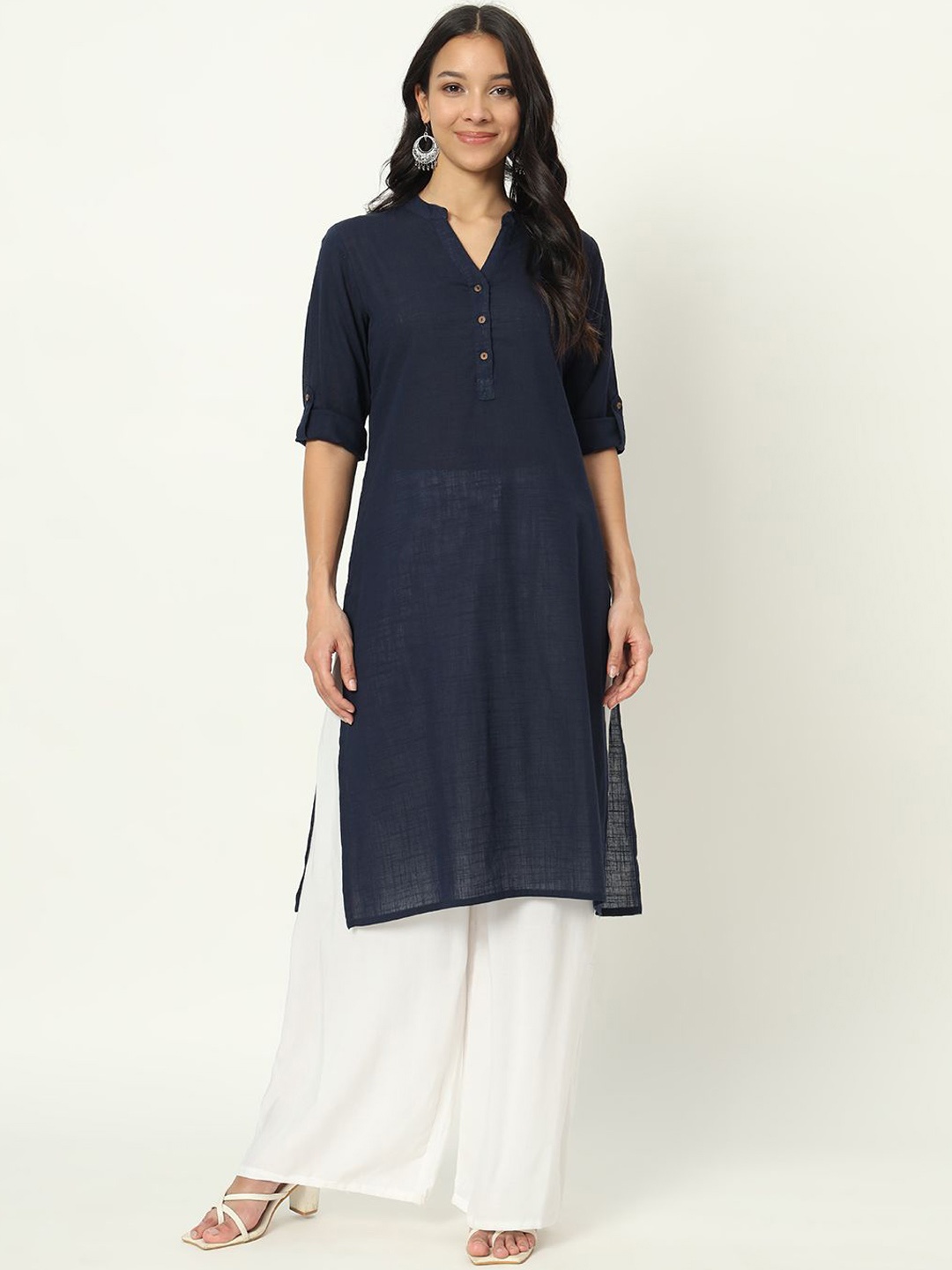 

Laad Mandarin Collar Roll-Up Sleeves Linen Straight Kurta, Navy blue