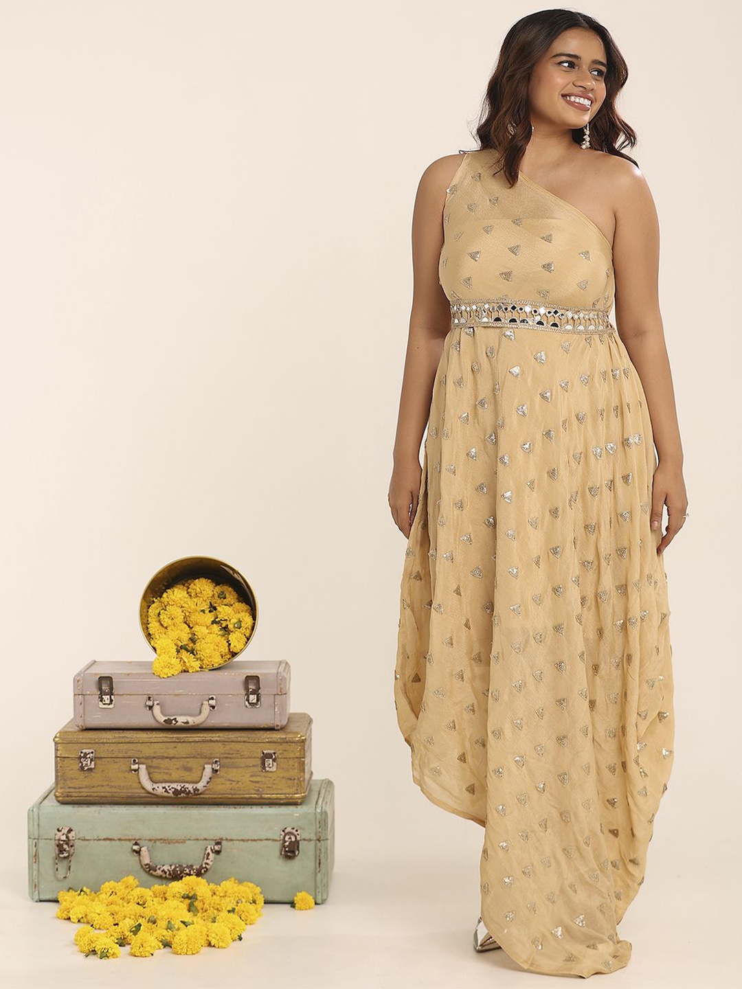 

THE BLESSED WARDROBE One Shoulder Sequined Embellished Chiffon Empire Maxi Dress, Beige