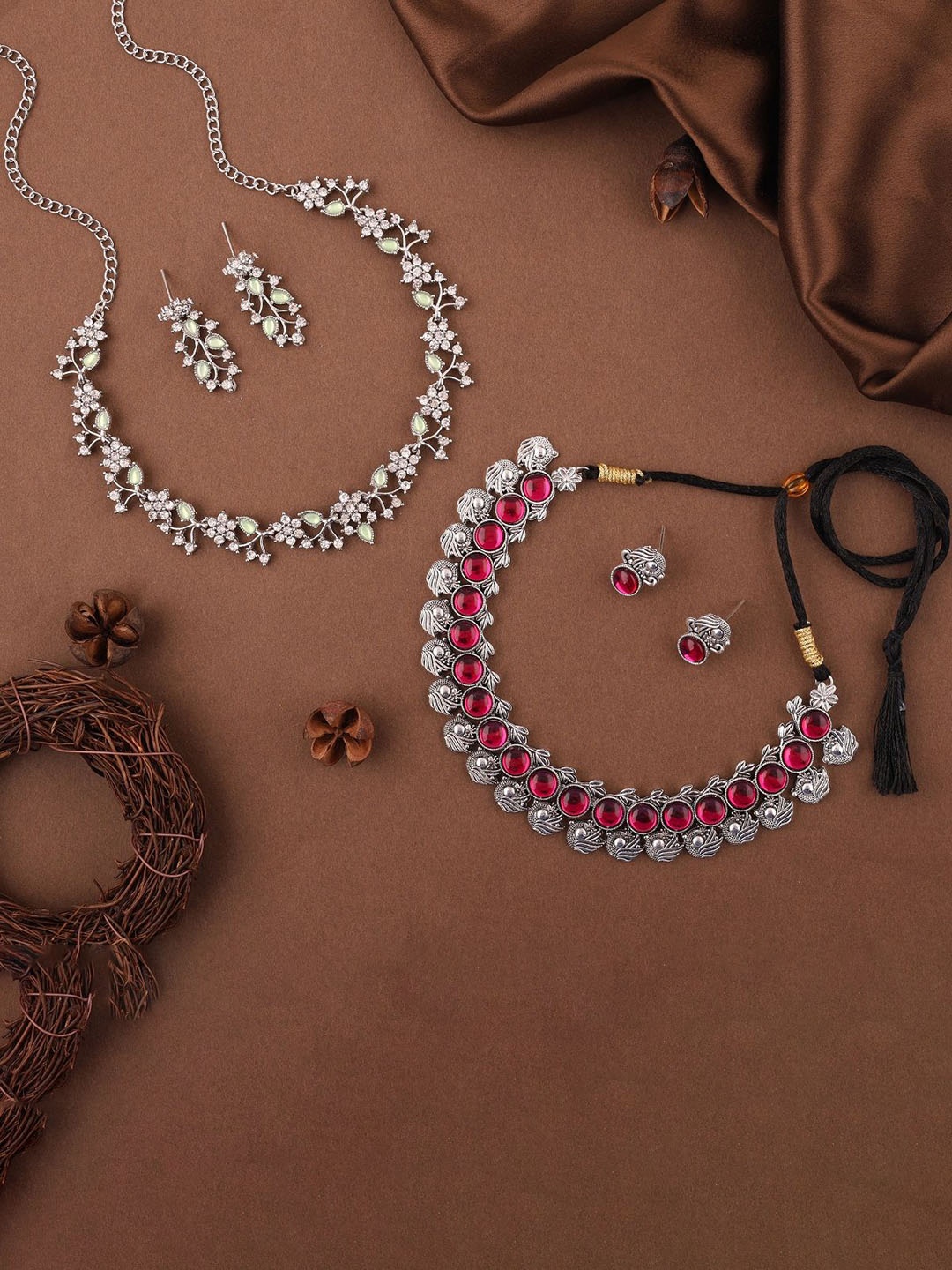 

Lyriss Set Of 2 Silver-Plated American-Diamond-Studded Jewellery Set