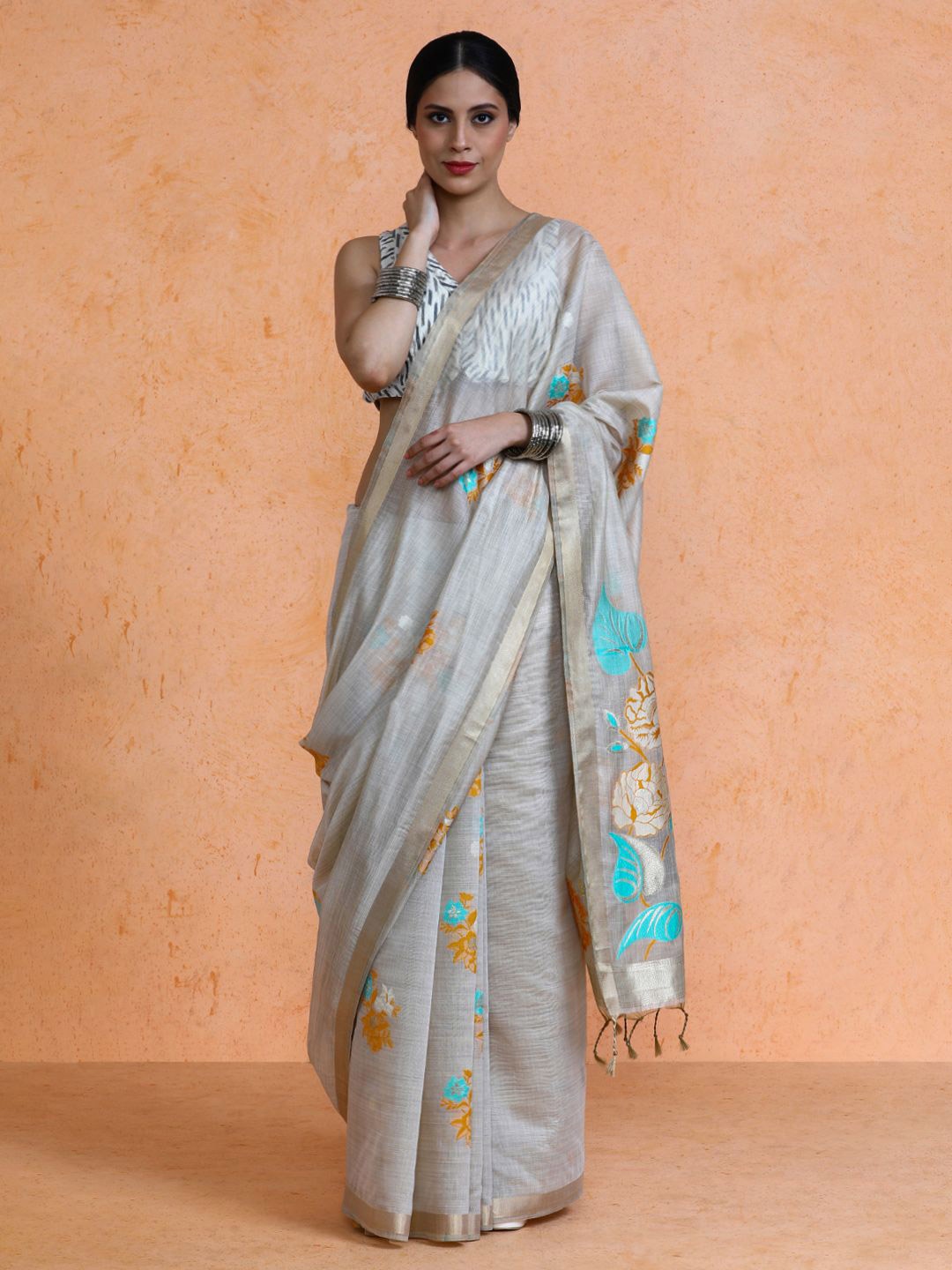 

SARHA Woven Design Muga Saree, Beige