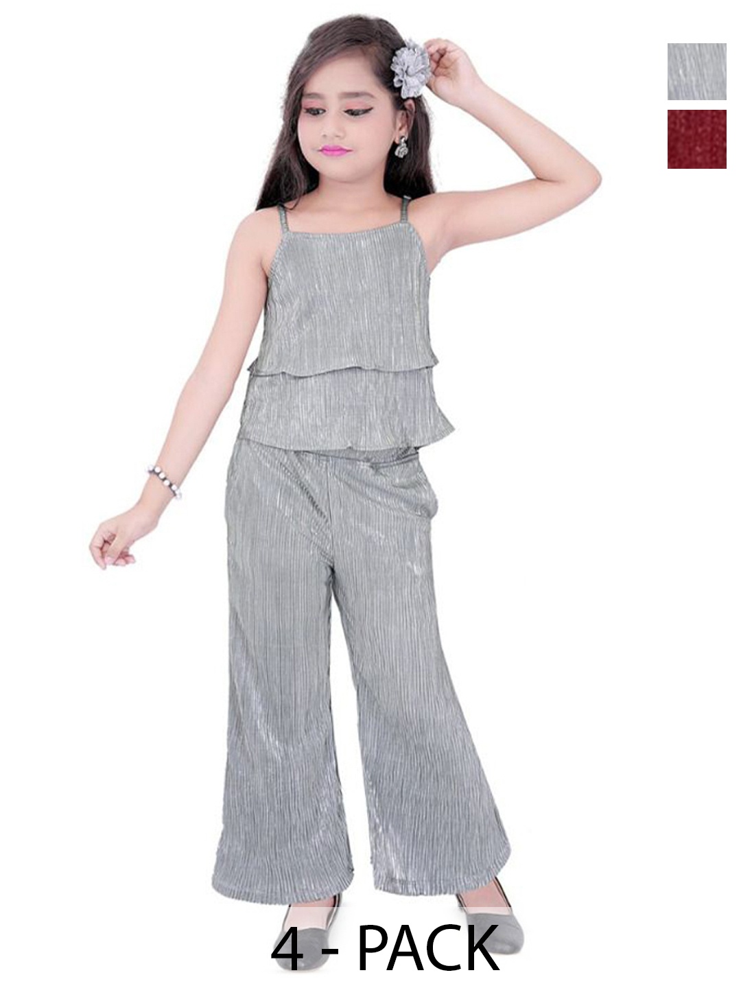 

ZACKBEE Pack Of 2 Girls Shoulder Straps Sleeveless Textured Top With Trousers, Grey