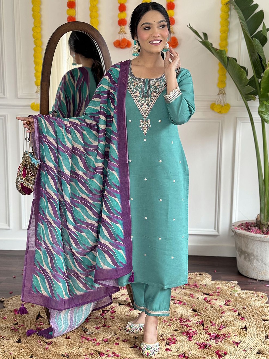 

KALINI Floral Embroidered Thread Work Round Neck Straight Kurta with Trousers & Dupatta, Sea green