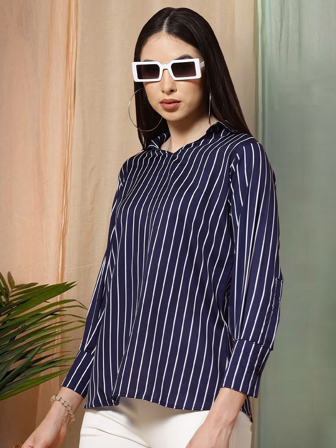 

Moda Rapido Print Mandarin Collar Top, Navy blue