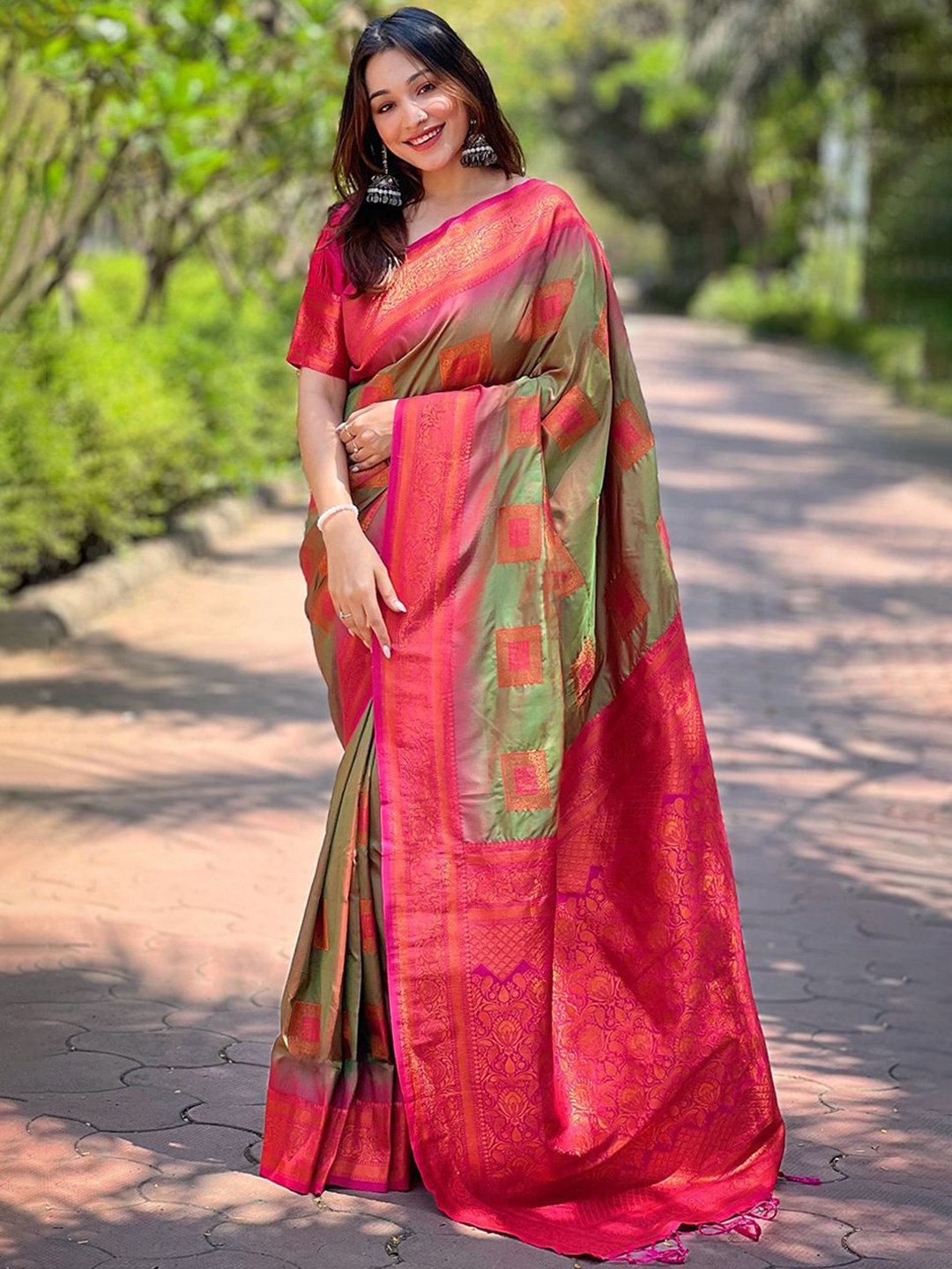 

Rangtulika Ethnics Woven Design Zari Saree With Contrast Blouse, Olive