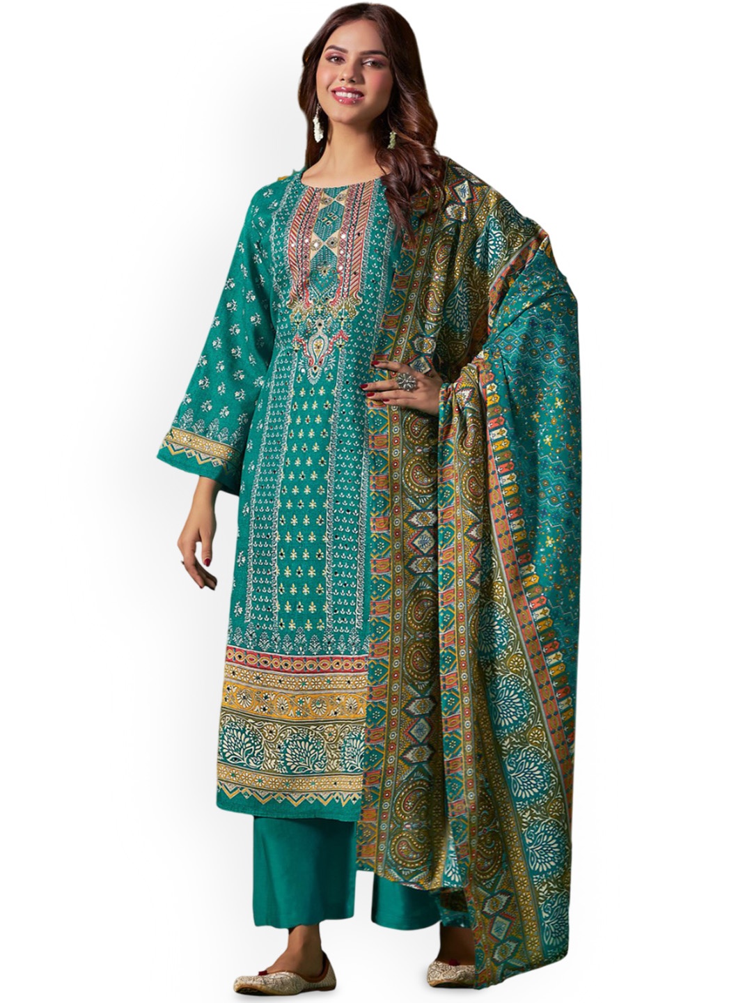 

DRAVINAM Trends Ethnic Motifs Printed Unstitched Dress Material, Green
