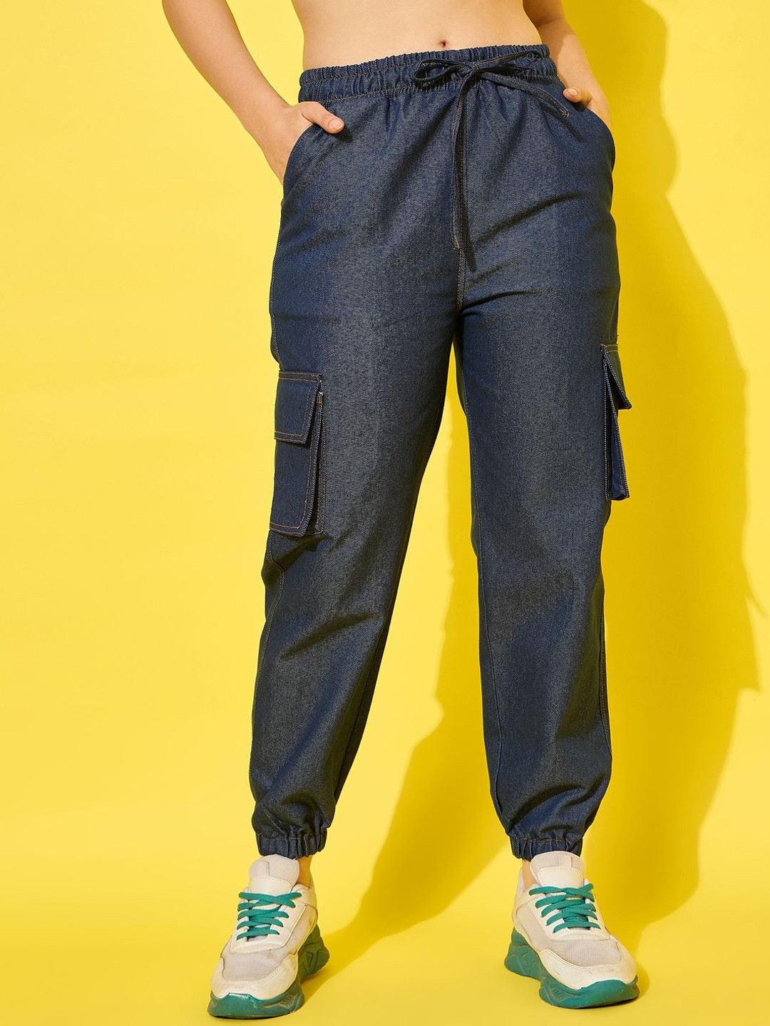 

DIMPY GARMENTS Women Relaxed Fit Mid-Rise Easy Wash Denim Cargo Joggers, Blue