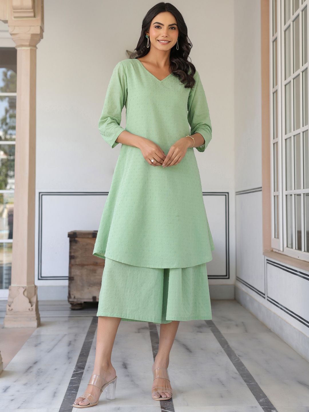 

Janasya Women Green Dobby Pure Cotton Self Design V-Neck A-line Kurta & Cullote Pant Set