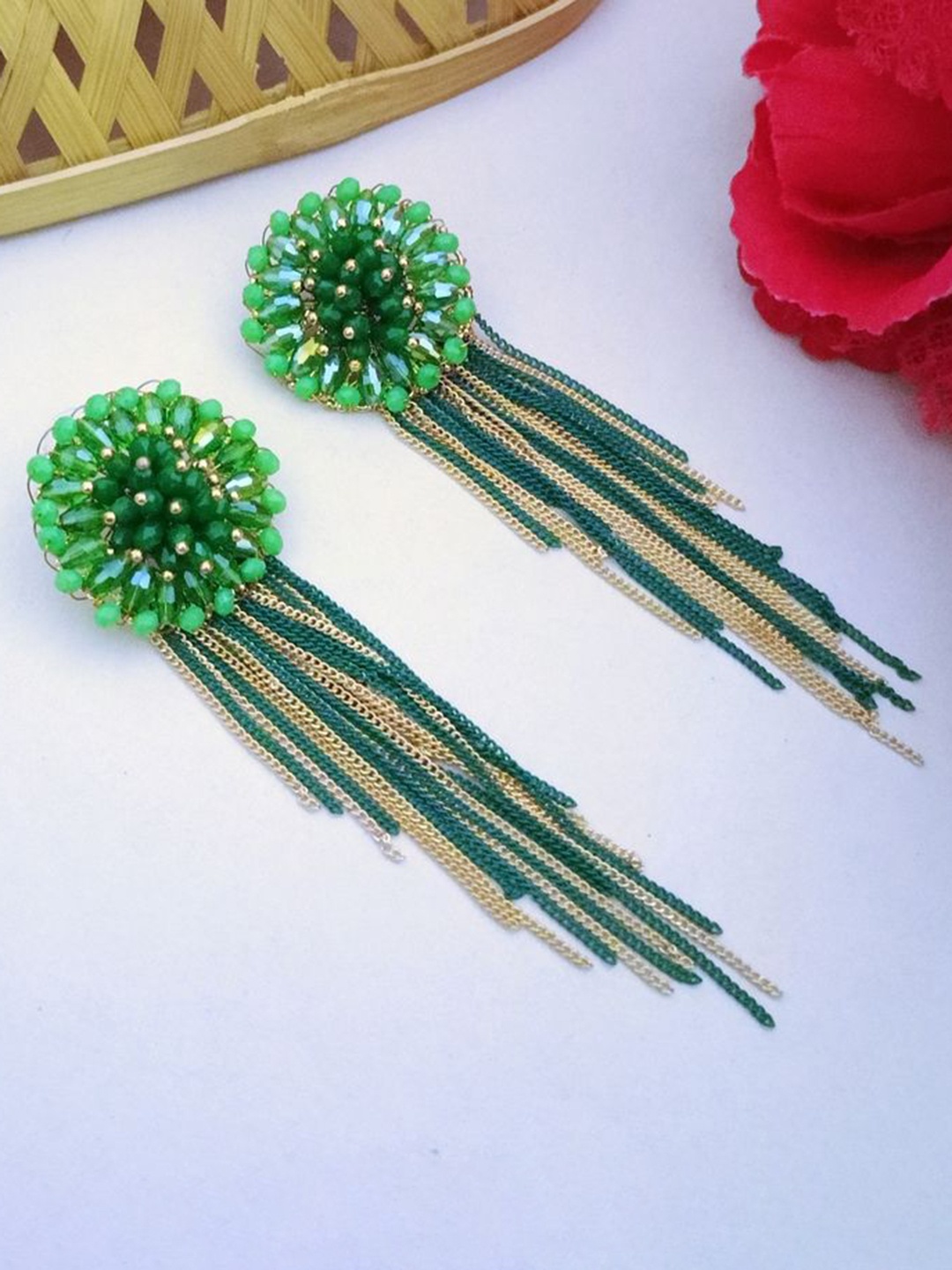 

DIVASTRI Gold-Plated Contemporary Artificial Beads Tasselled Drop Earrings, Green
