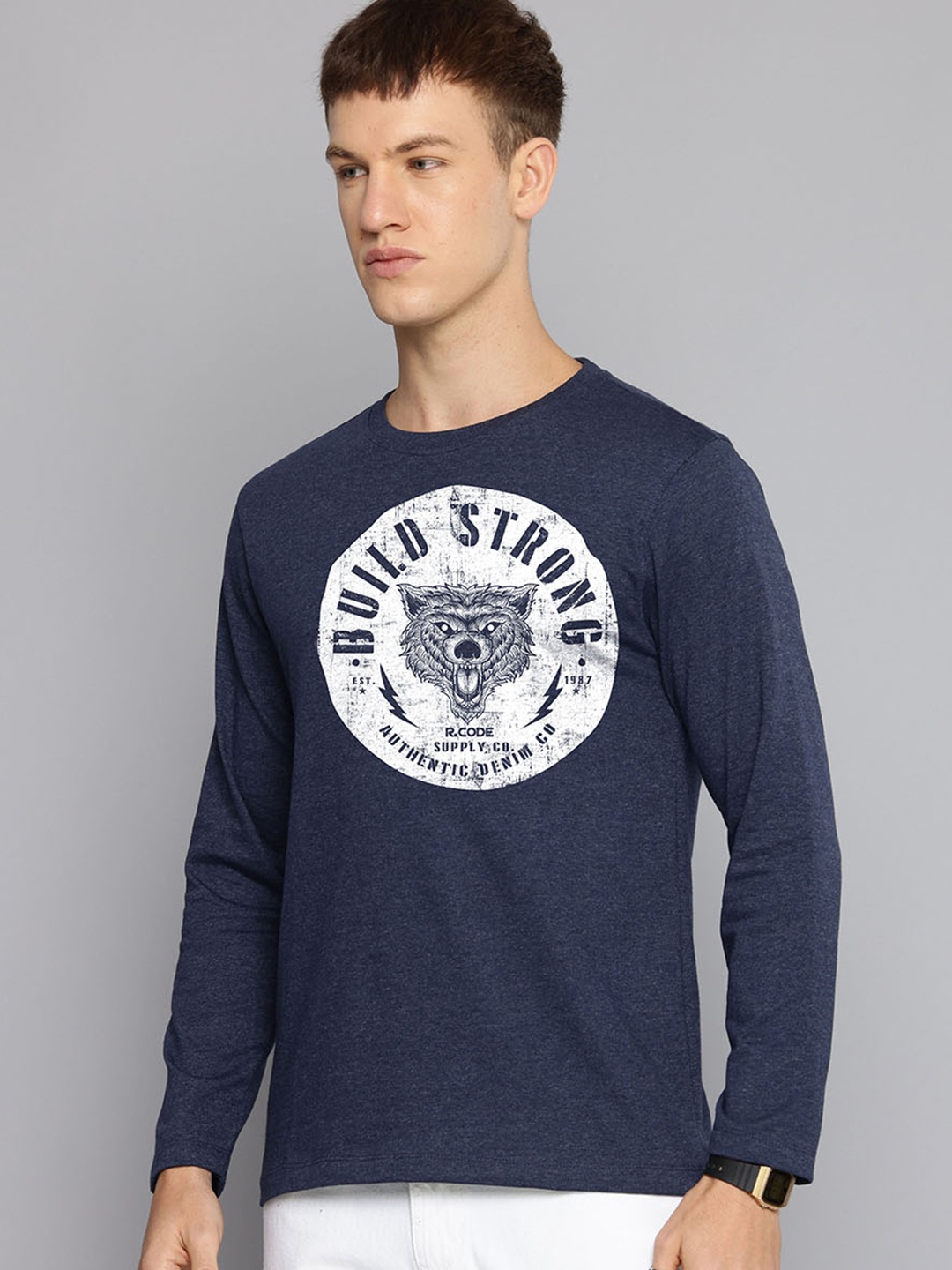 

R.Code by The Roadster Lifestyle Co. Men Graphic Printed Round Neck Cotton T-shirt, Navy blue