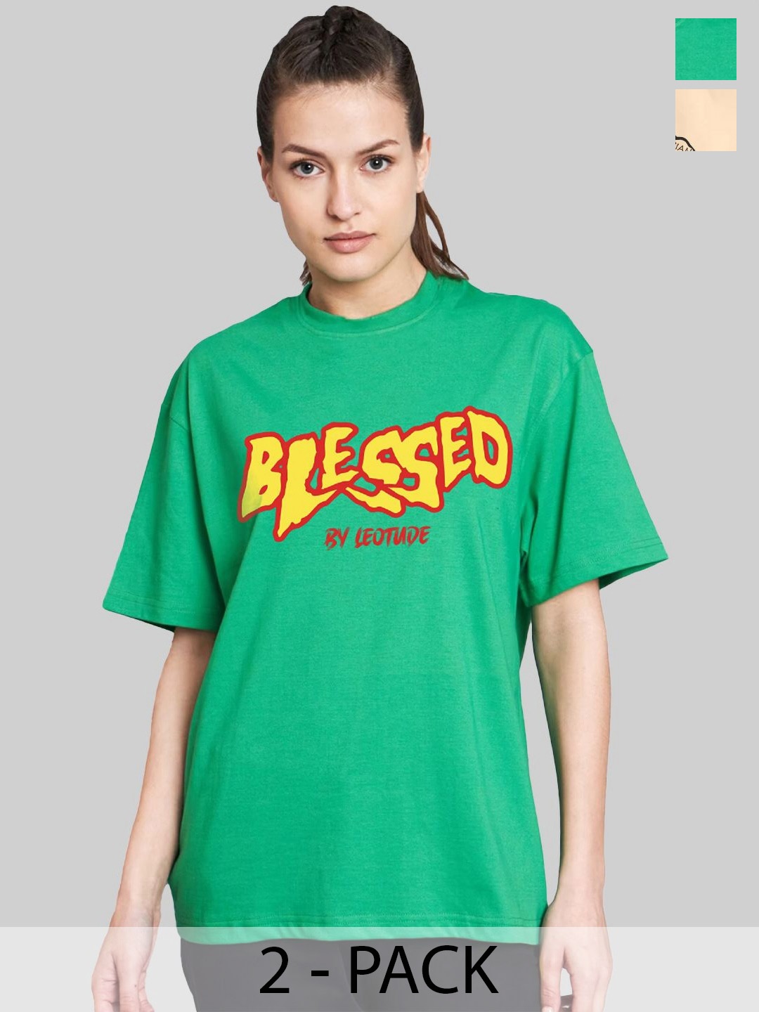 

Leotude Women Pack Of 2 Graphic Printed Round Neck Cotton Oversized T-shirts, Green