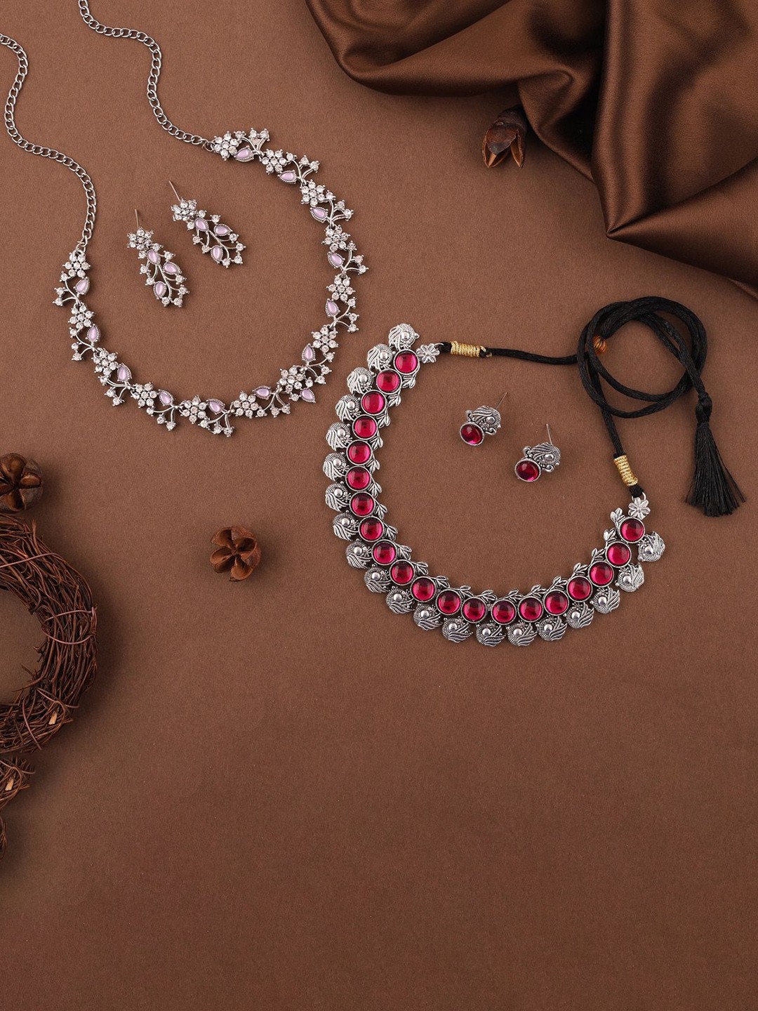 

Lyriss Set Of 2 Silver-Plated American Diamond Studded Jewellery Set