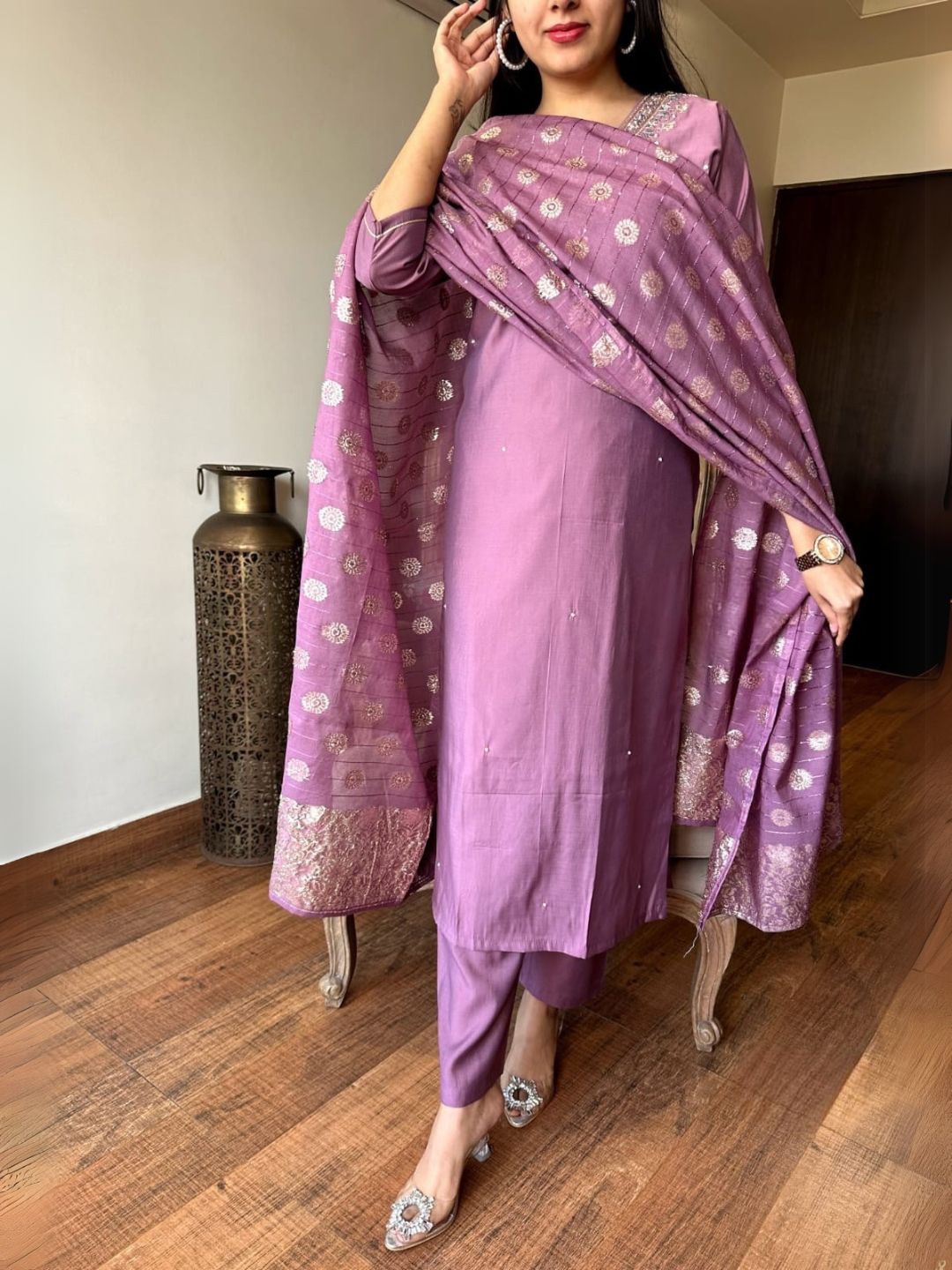 

Navlik Floral Yoke Design Zari Work V-Neck Chanderi Silk Kurta With Trousers And Dupatta, Purple