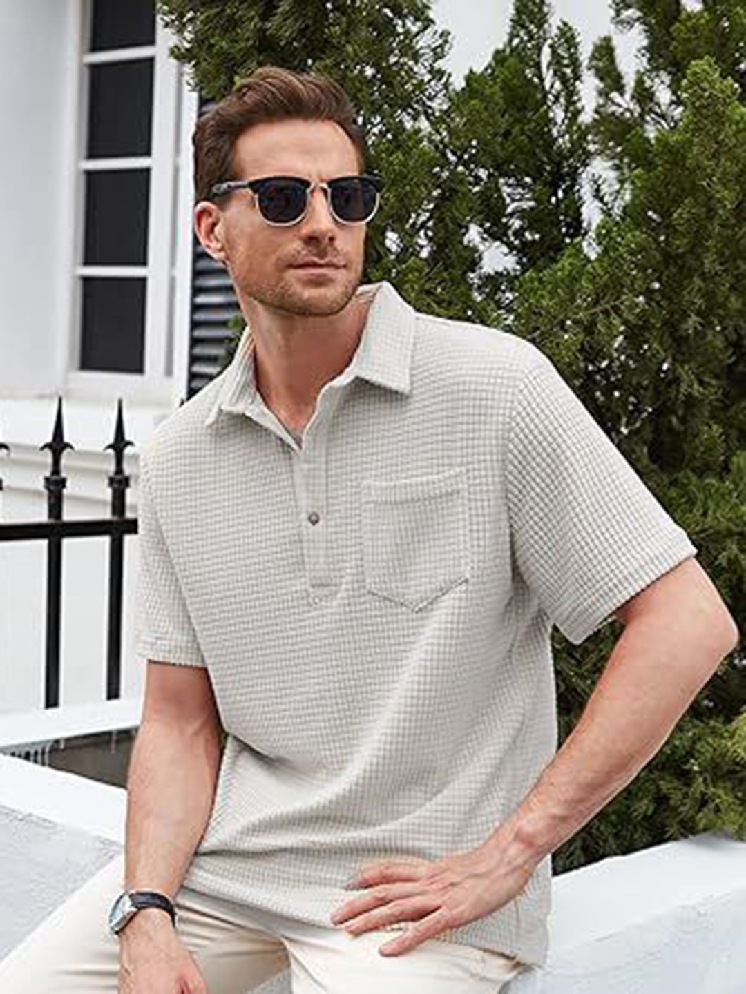 

Colorchakra Men Striped Polo Collar Pockets T-shirt, White