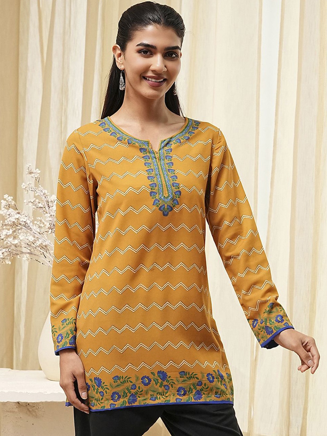 

Biba Floral Printed Notch Neck Long Sleeves A-Line Kurta, Mustard