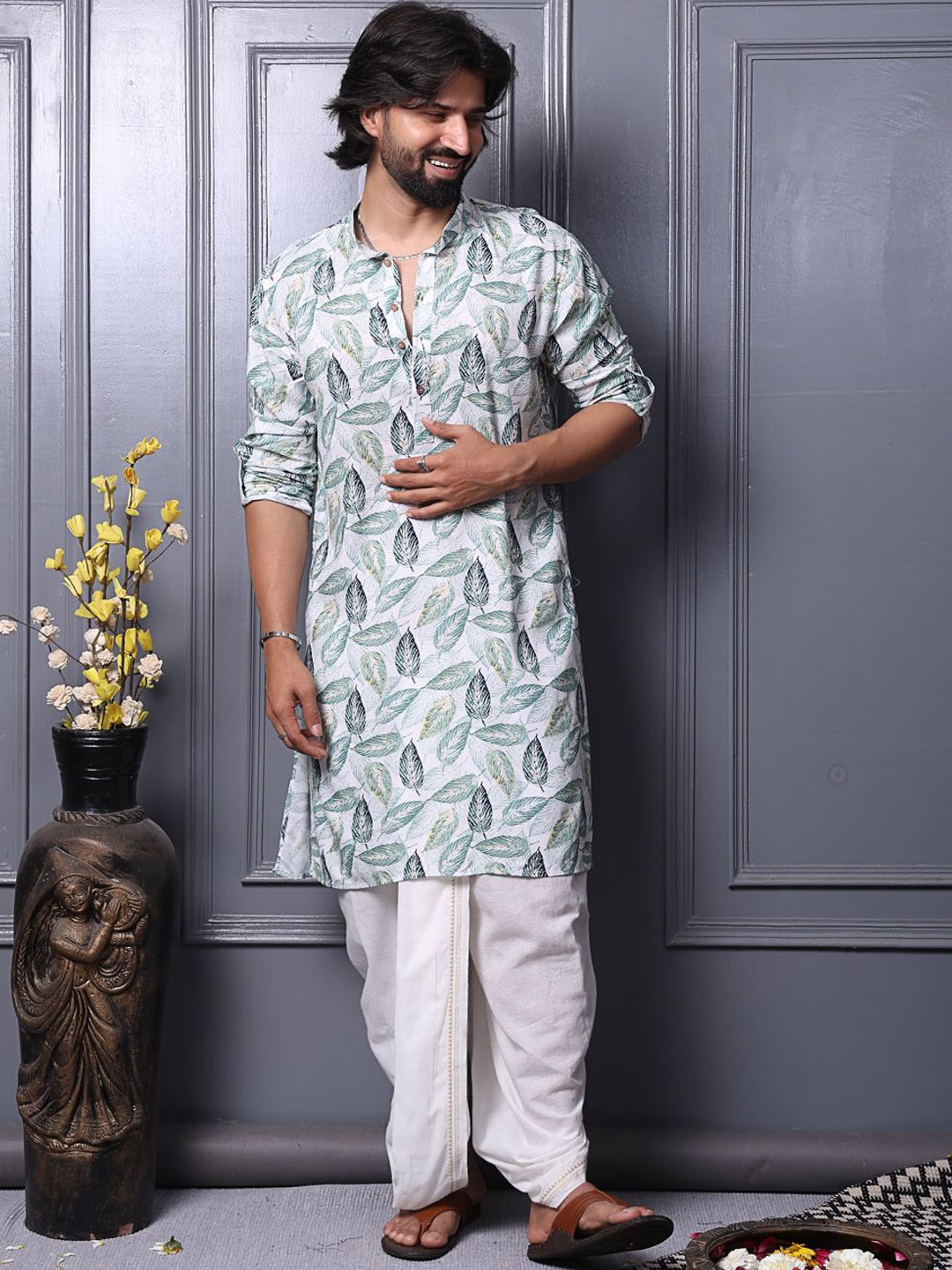 

MIDAV Men Floral Printed Thread Work White Romance Pathani Kurta, Olive