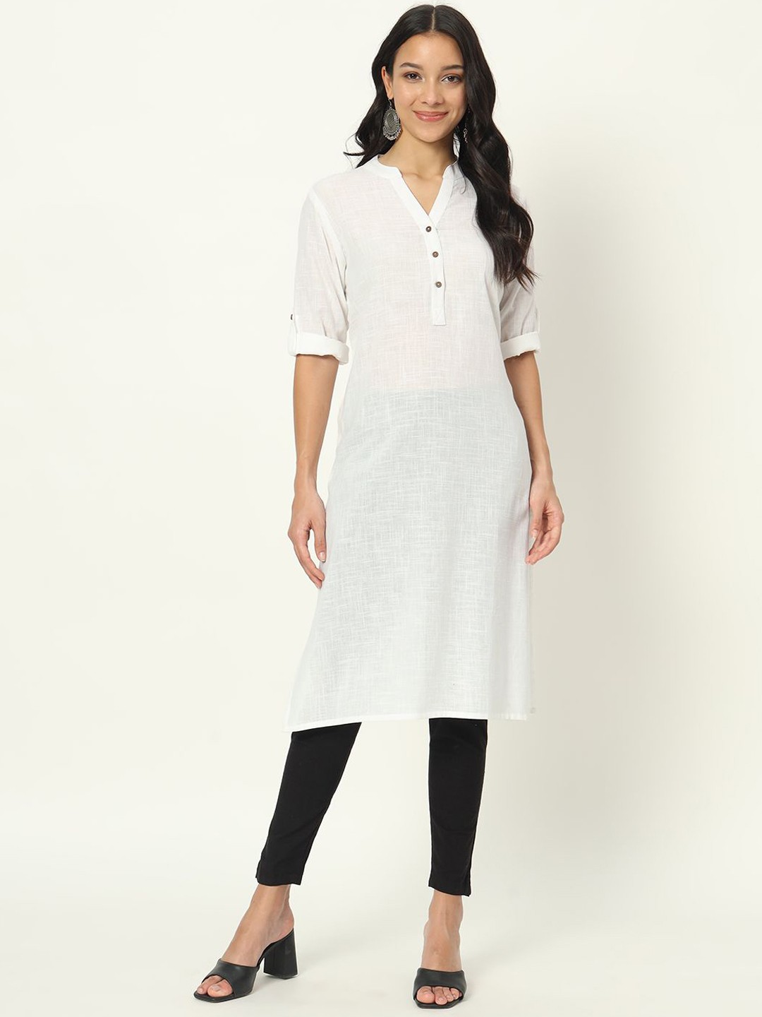

Laad Mandarin Collar Roll-Up Sleeves Linen Straight Kurta, White