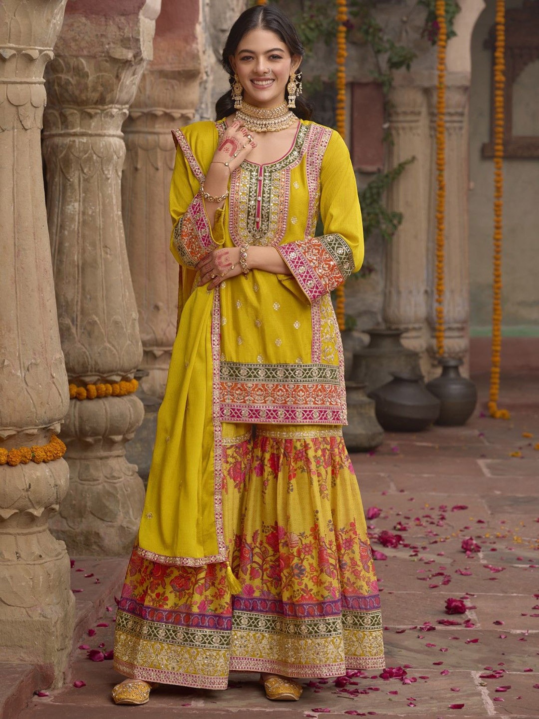 

AUTUMN LANE Floral Embroidered Straight Kurti With Sharara And Dupatta, Yellow