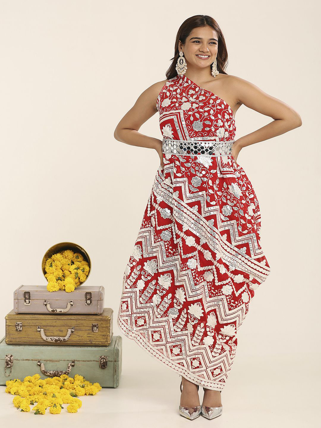 

THE BLESSED WARDROBE Floral Print Georgette Fit & Flare Maxi Dress, Red