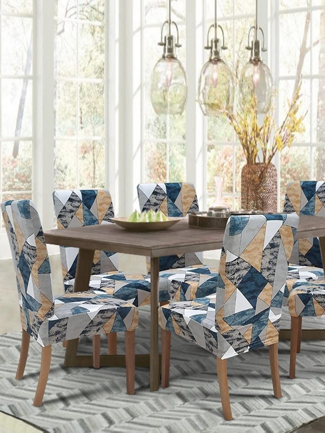 

FAVRIA Blue & Grey 6 Pieces Geometric Printed Stretchable Dining Chair Covers