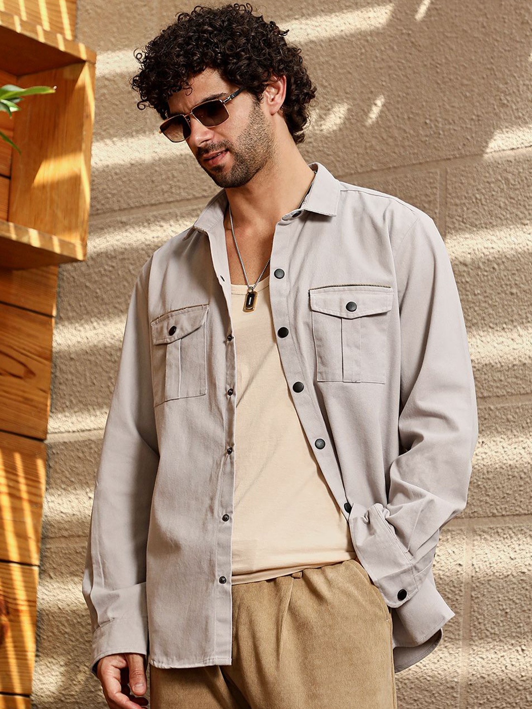 

Campus Sutra Solid Cotton Safari-Utility Relaxed Fit Casual Shacket, Beige