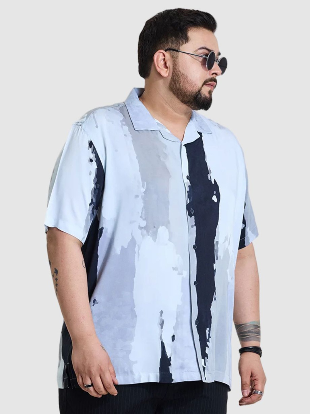 

Snitch Men Plus Size Relaxed Fit Cuban Collar Abstract Printed Casual Shirt, Blue