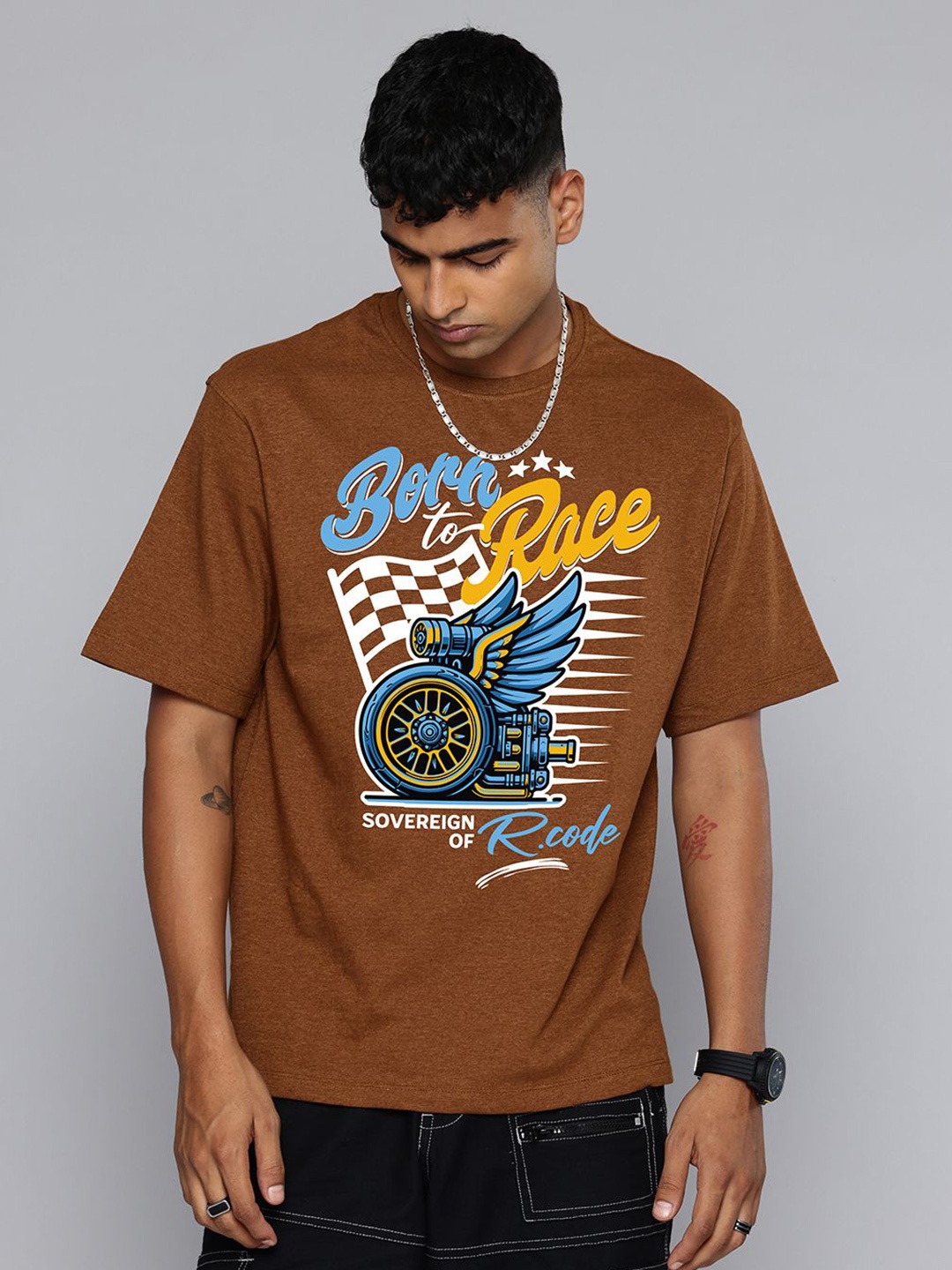 

R.Code by The Roadster Life Co. Men Printed Applique T-shirt, Mustard