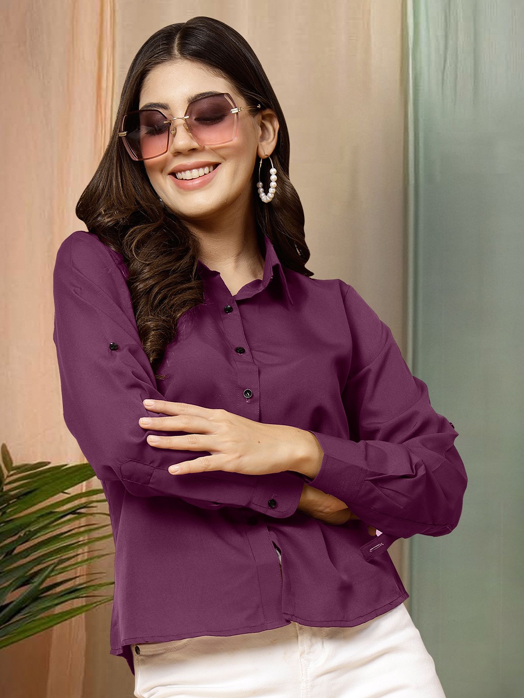 

Moda Rapido Women Mandarin Collar Top, Magenta