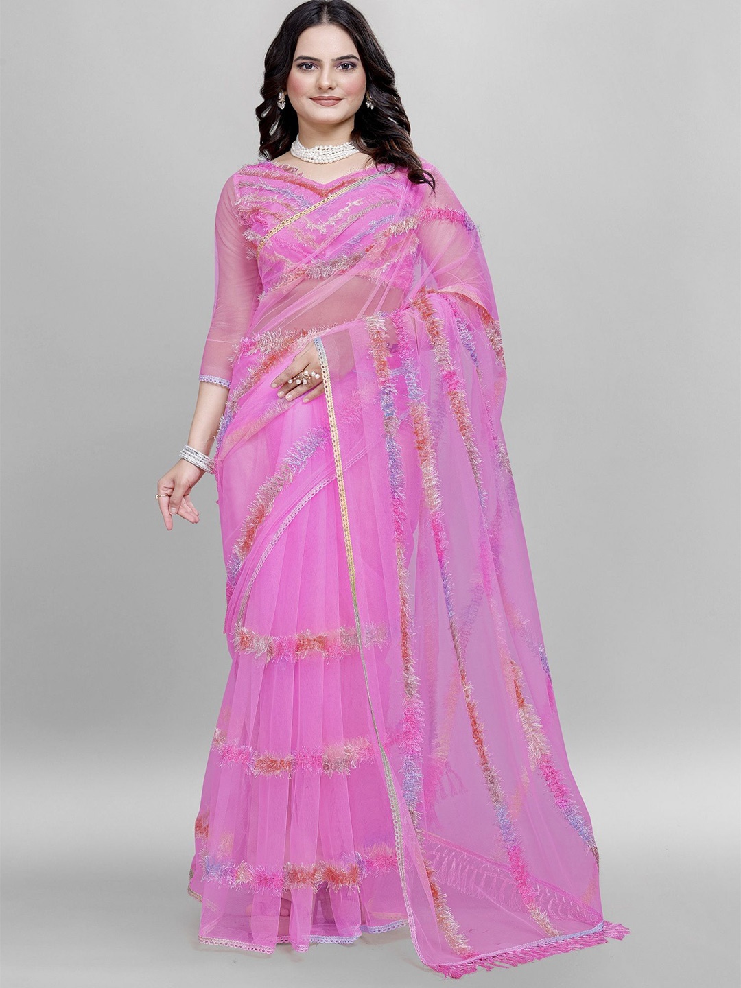 

A TO Z CART Striped Net Saree, Pink