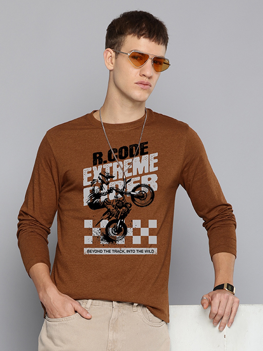 

R.Code by The Roadster Life Co. Men Typography Printed Raw Edge T-shirt, Mustard