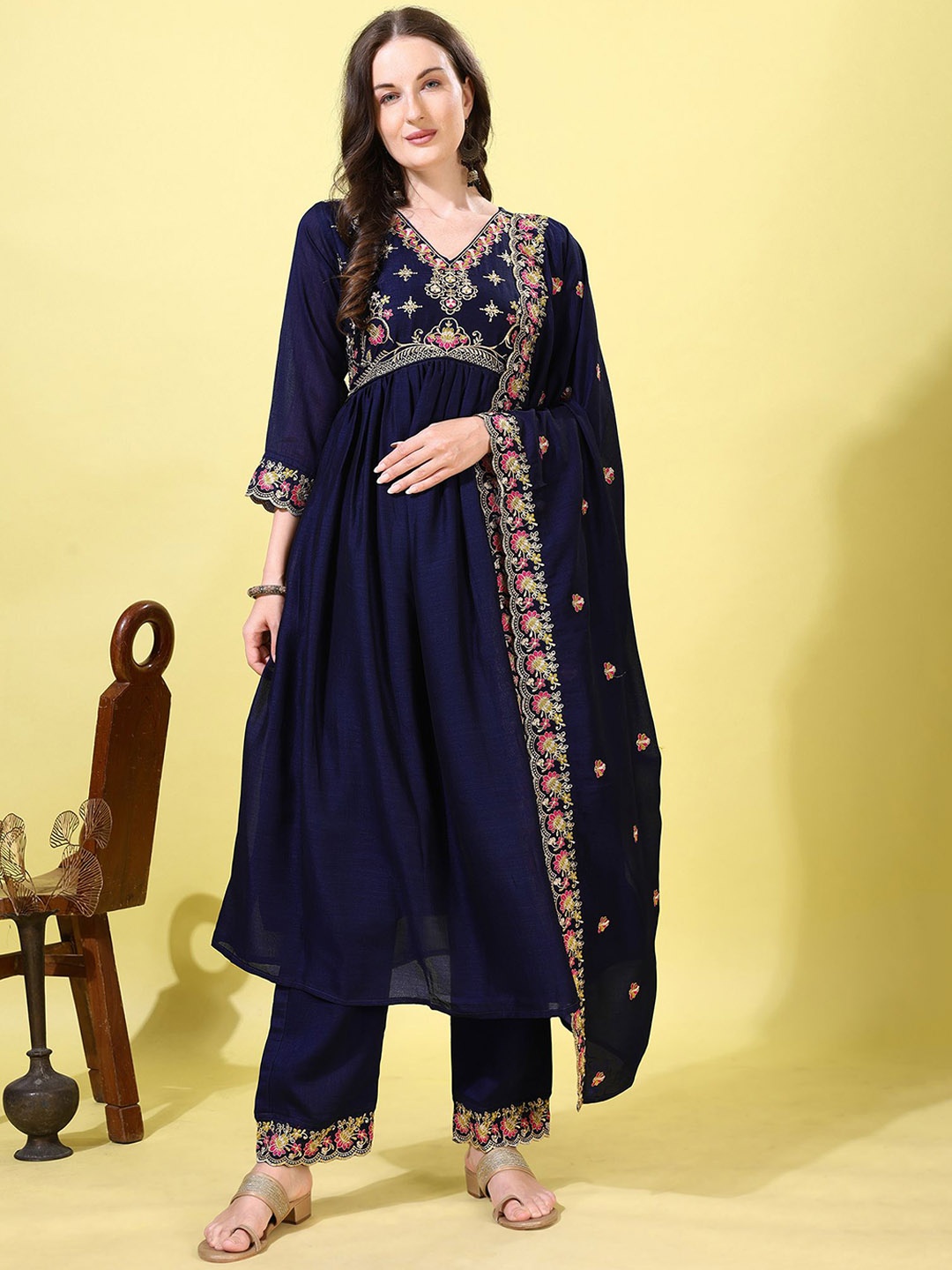 

KALINI Floral Embroidered V-Neck Anarkali Kurta With Trousers And Dupatta, Blue