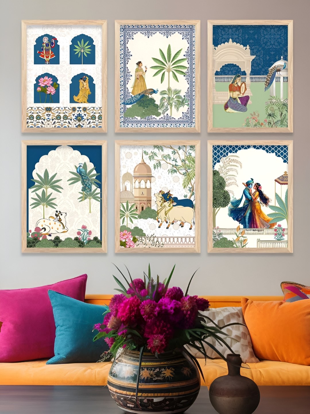 

WALLLANE 6Pcs Cream-Colored & Blue Printed Wooden Wall Paintings