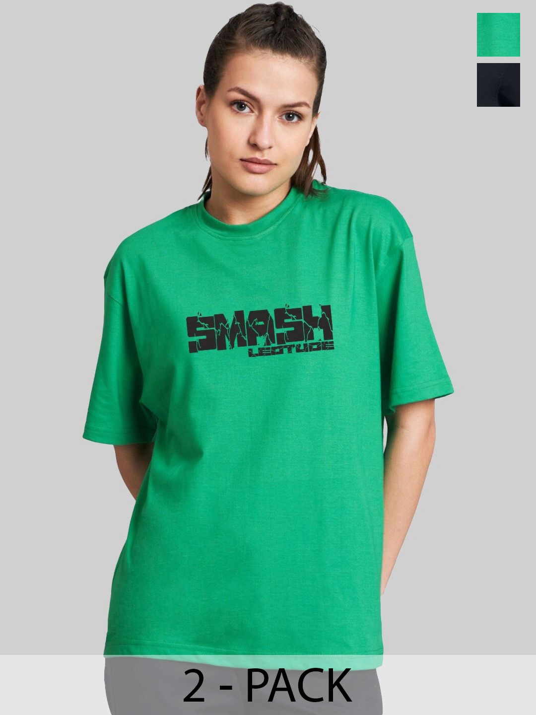 

Leotude Women Pack Of 2 Hulk Graphic Printed Round Neck Cotton Oversized T-shirts, Green