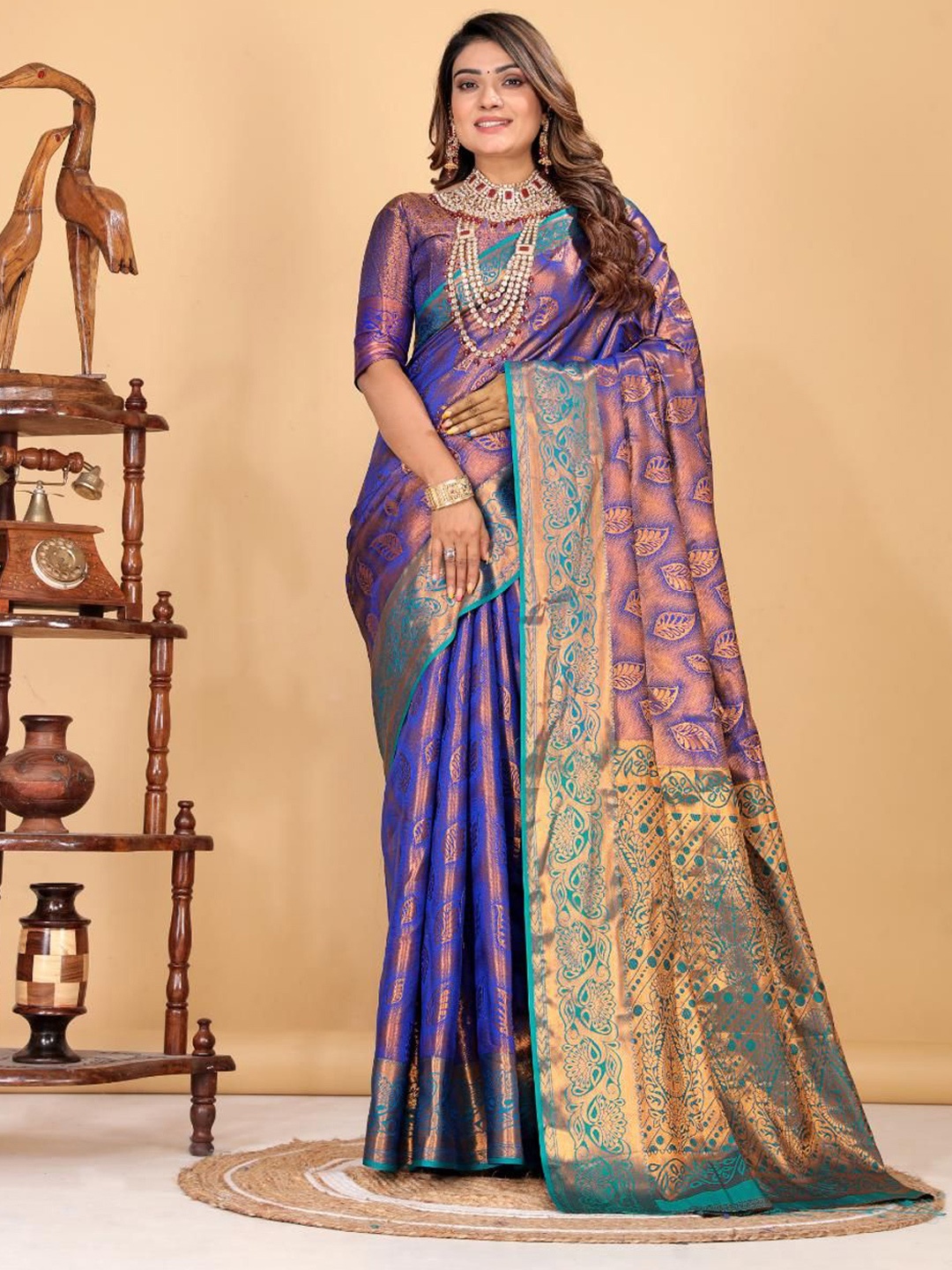 

AKSH FASHION Woven Design Zari Banarasi Silk Saree With Unstitched Blouse Piece, Blue