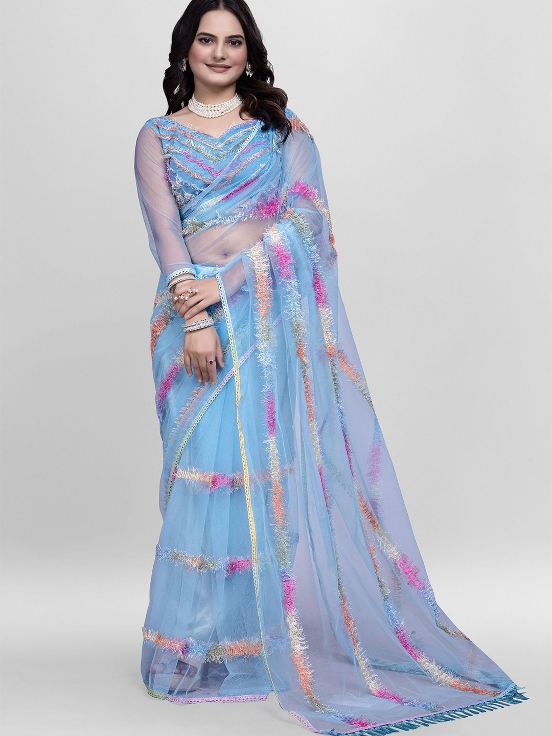 

Aika Striped Embroidered Net Saree, Turquoise blue