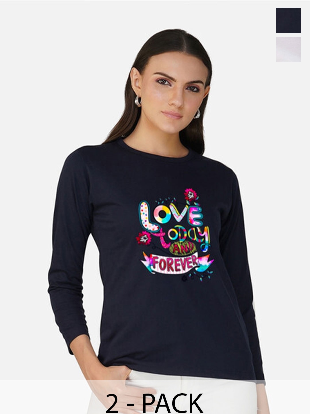 

Metronaut Women 2 Printed Bio Finish Applique T-shirt, Navy blue