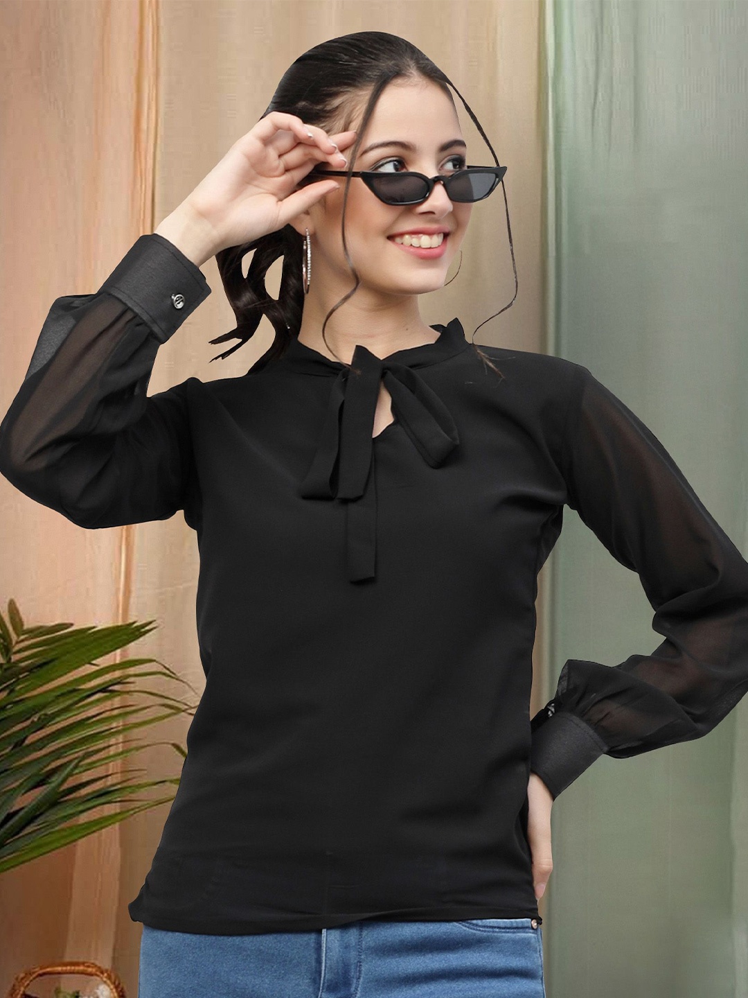 

Moda Rapido Women Cotton Tie-Up Neck Cuffed Sleeve Regular Top, Black