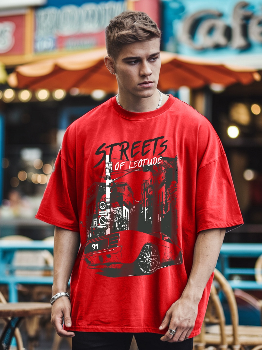 

Leotude Men Graphic Printed Round Neck Cotton Oversized T-shirt, Red