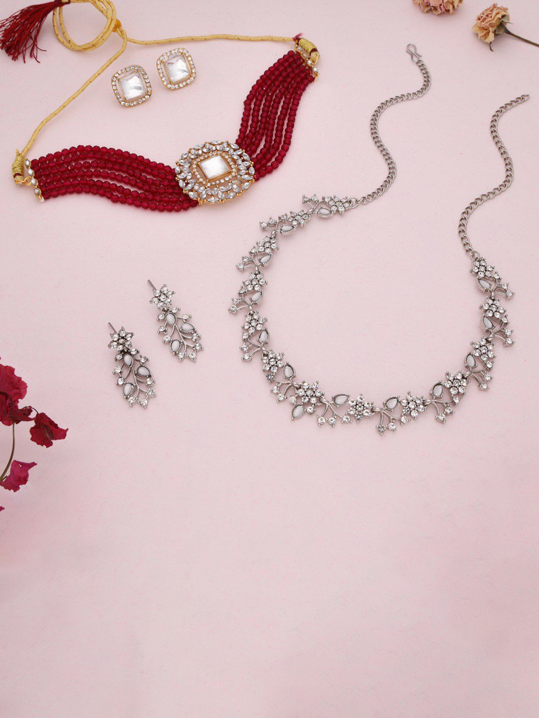 

Lyriss Set Of 2 Silver-Plated American Diamonds Studded Jewellery Sets
