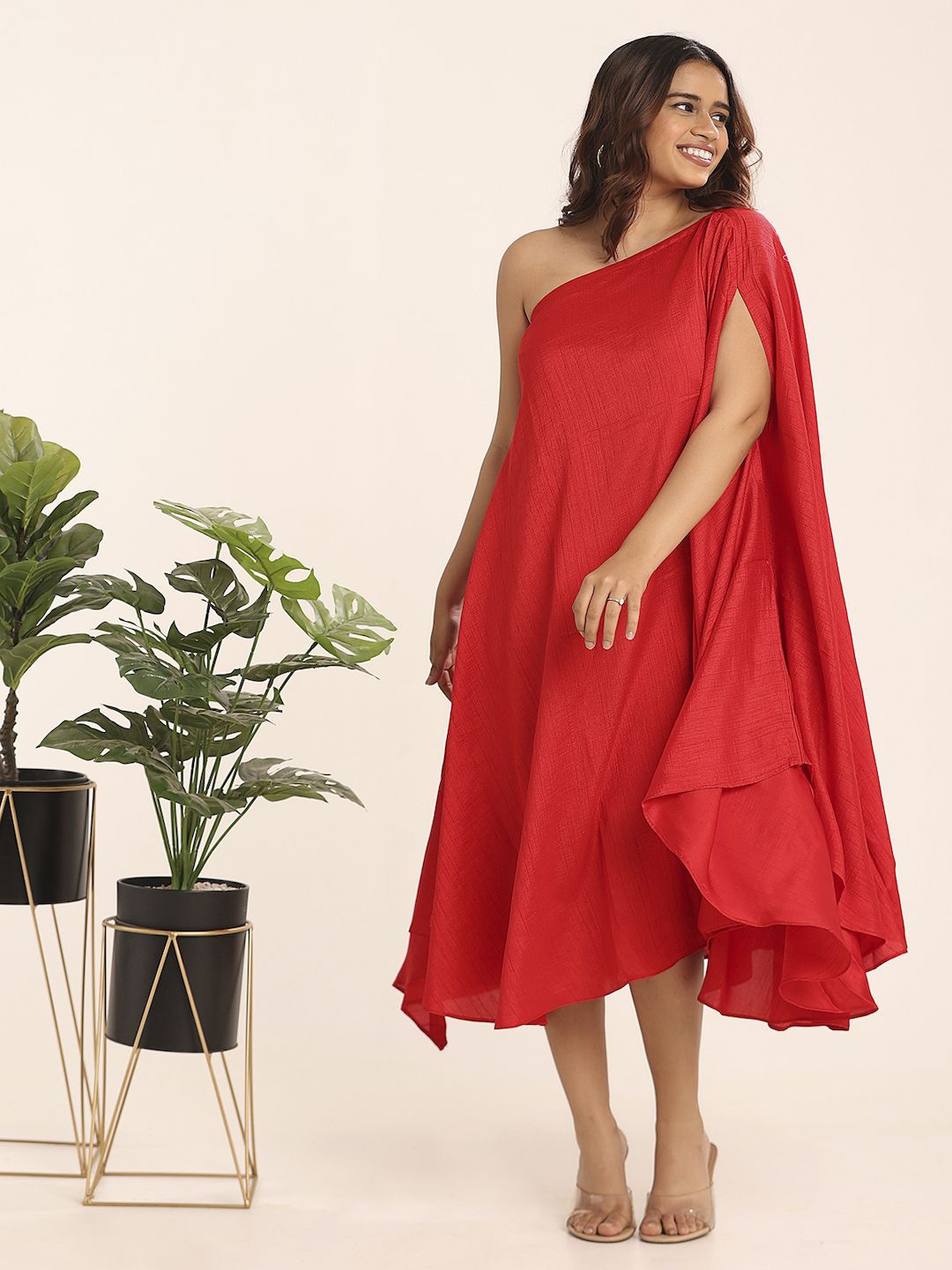 

THE BLESSED WARDROBE Women One Shoulder A-line Midi Dress, Red