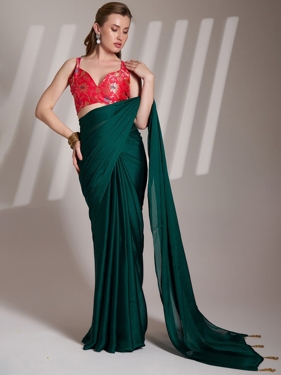 

MAHALASA Satin Saree with no border, Green