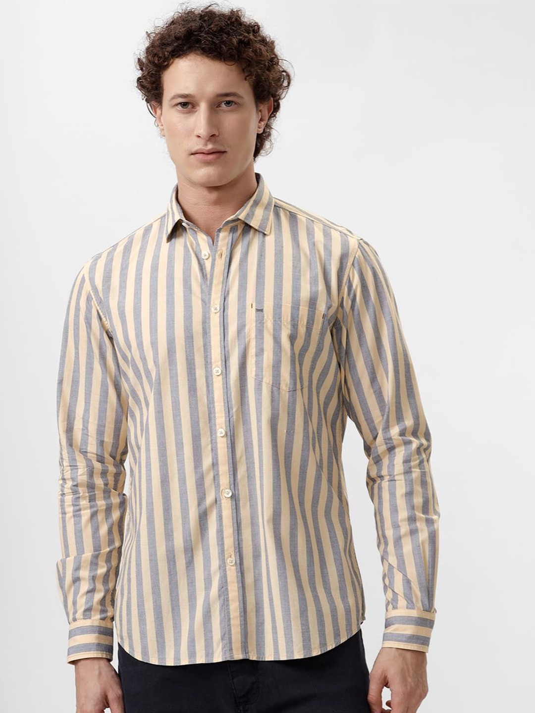 

Basics Men Slim Fit Spread Collar Vertical Striped Cotton Casual Shirt, Yellow