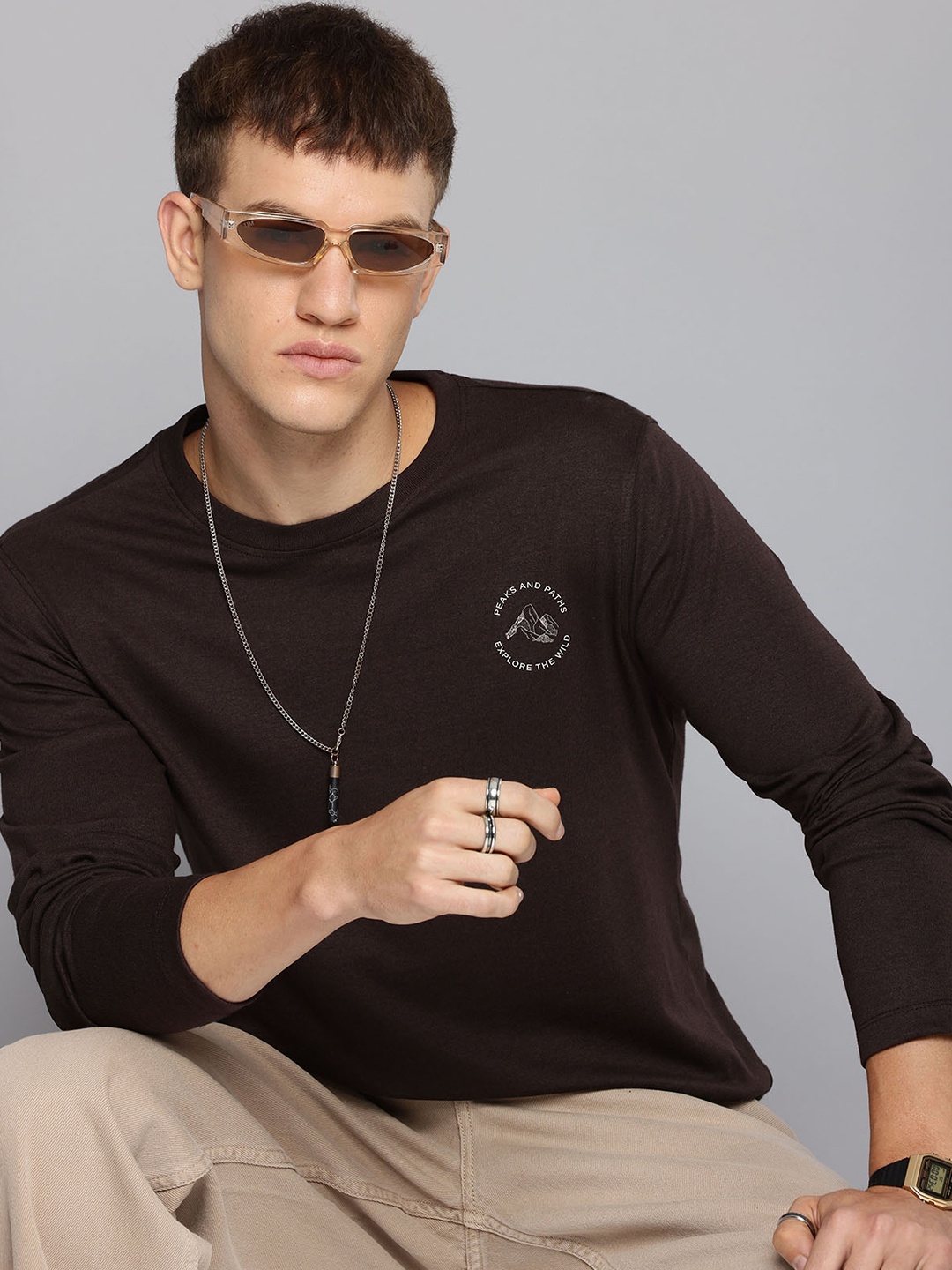 

R.Code by The Roadster Lifestyle Co. Men Typography Printed Round Neck Cotton T-shirt, Coffee brown