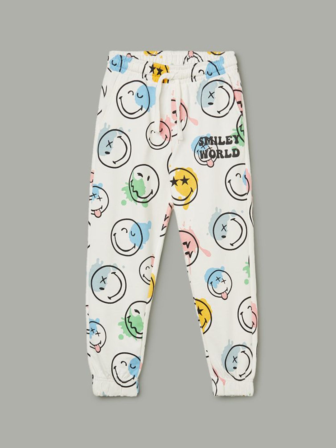

Fame Forever by Lifestyle Boys Smiley Printed Cotton Joggers, Off white