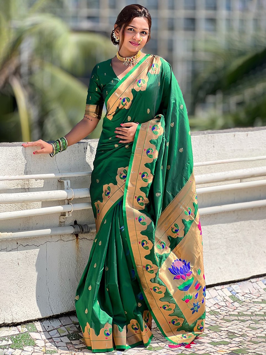 

Rangtulika Ethnics Ethnic Motifs Woven Design Zari Paithani Saree, Green